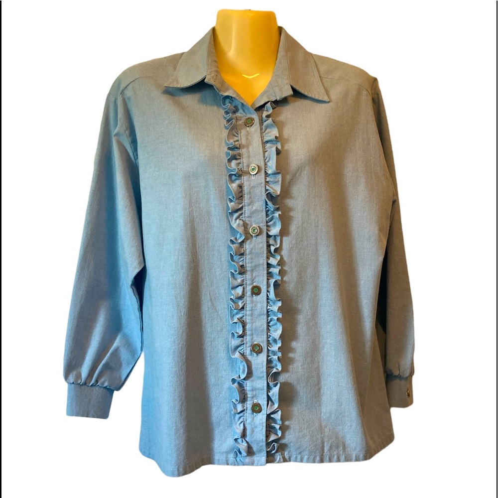 Bon Worth Vintage Ruffled Front Blouse Cottagecore Retro Light Blue Chambray Sm